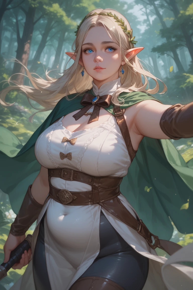 beautiful elf woman, holding bow, quiver on the back, brown leather corsage, brown leather leggings, white tunic beneath corsage, green cape, soft features, frackles over nose, long blond hair, blue eyes, forest, slightly chubby, bright colors