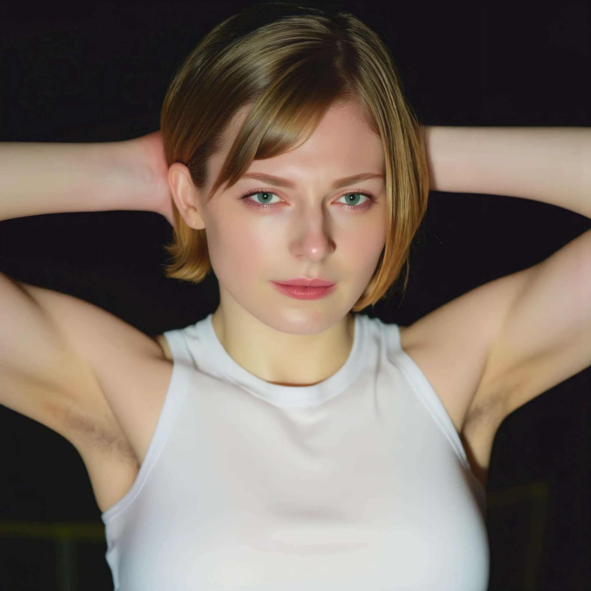 Young beautiful Ukrainian girl, Age 18, Sweaty armpits, Braless, Erection of nipple, Looking at the audience, Short lighting techniques, Cinematic, Drenched in sweat, (Wet Armpits:1.3), White tennis uniform, Sweat dripping, Showing your armpits, Armpit details, High-resolution images, Skin Texture, Sweaty armpits, Perky bust, Blonde beauty, Blue-eyed beauty, Facial pores, Natural Features, Skin pores, High-quality images, Short hair, No-makeup look, Closed mouth, Thin eyebrows, Pointed chin, Full-face blush, Embarrassed, Beautiful girl, Stunning blonde beauty, (Hands behind her head: 1.3), Upper body shot from front view, Simple white tank top, Detailed beautiful face, Bob hair, Large breasts, Braless, (Sweaty armpits, Armpit focus, Underarm details, Wet armpits: 1.3), Detailed skin texture, (Masterpiece, Best Quality, Realistic, Photo-realistic, Raw photo, 8k: 1.1), (Perfect lighting: 1.2)