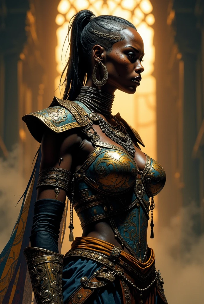 Masterpiece, Best Quality, (head and feet in frame) stunning beauty young ((African warrior girl)), graceful and proud, (very dark black skin), (white punk hair), with feathers and bone jewelry ,gold_(metal), futuristic tribal skirt and bikini ,swinging a pike, fighting stance, face painting, body paint, fit, small breasts, dystopian city in the background, very detailed , Vivid Appearance, Creative Behavior, Extremely Detailed, Imaginative, Sensual, Spontaneous, Highest Quality, Skin Texture, Intricate Details, (Cinematic Lighting), RAW Photo, 8k, Masterpiece,Best Quality,Ultra Detailed,Very Detailed Images,Extremely Detailed ,intricate details,highres,super complex details,extremely detailed 8k CG wallpaper,