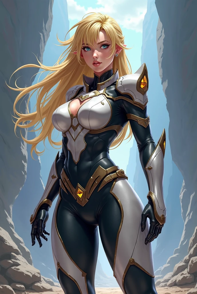 In the heart of an undisclosed location, a striking figure stands, her very long blonde hair cascading down her back, fitting perfectly with her ethereal white skin complexion. She is clad in an armor suit that pays homage to both Aphrodite and Jean Grey, a fusion of ancient and modern beauty. The suit is meticulously designed, adorned with intricate details that highlight her feminine figures, including armor suit and gloves that seamlessly mold to her form.

Her waistline is impossibly small, with abs that perfectly accentuate her hourglass figure. The circumference of her lower extremities far exceeds the 90-inch mark, testifying to her