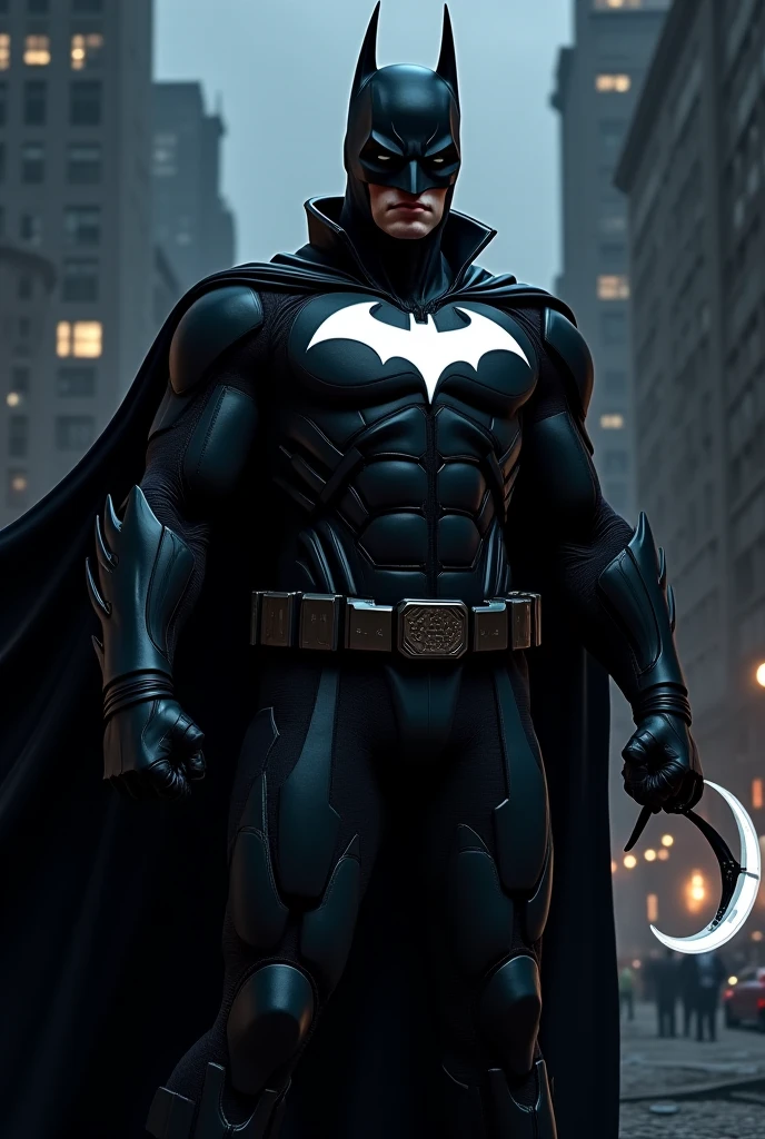 Christian Bale dressed in jacket and pants reminiscent of the batman costume with iconic batman logo, explosions, destroyed buildings collapsed, rising smoke, purple flames, reflected purple and blue lights, realistic, photography, Canon Eos R6