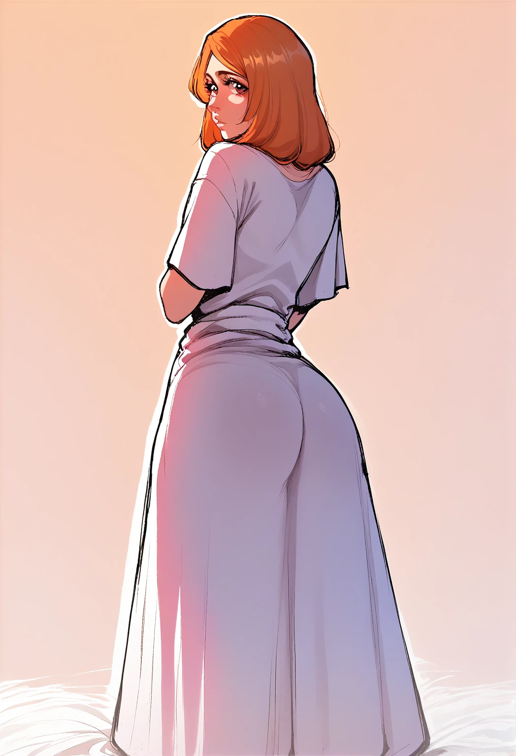 Orihime Inoue from Bleach (from behind) bare back long dress back of the neck orange hair looking back at viewer brown eyes.