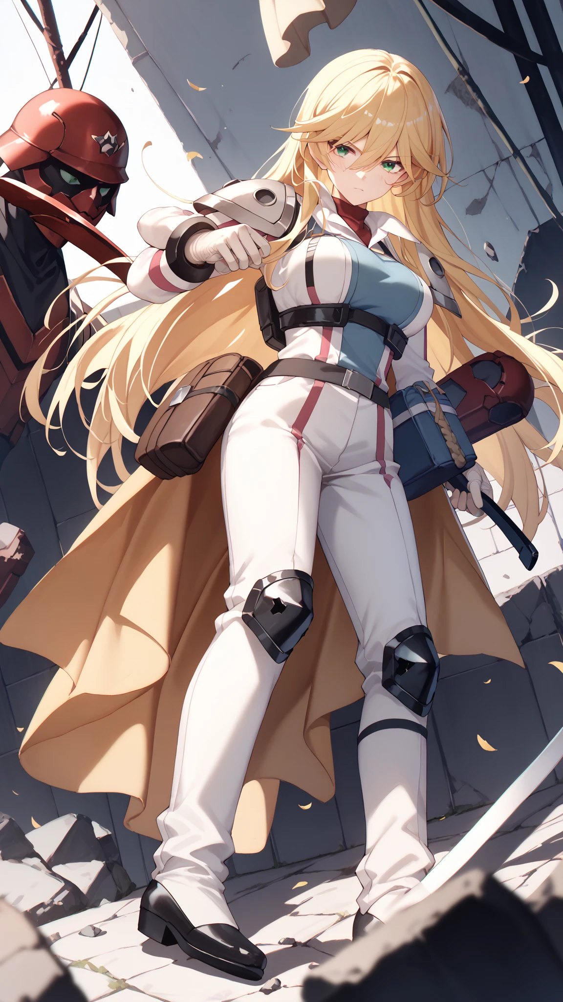 score_9, score_8_up, score_7_up, BREAK source_anime, rating_safe, best quality, masterpiece, uncensored, 1girl, sh3rr7_d6f,green eyes,tsurime,blonde hair, hair between eyes, large breasts,jumpsuit,uniform,short hem,armor, full body