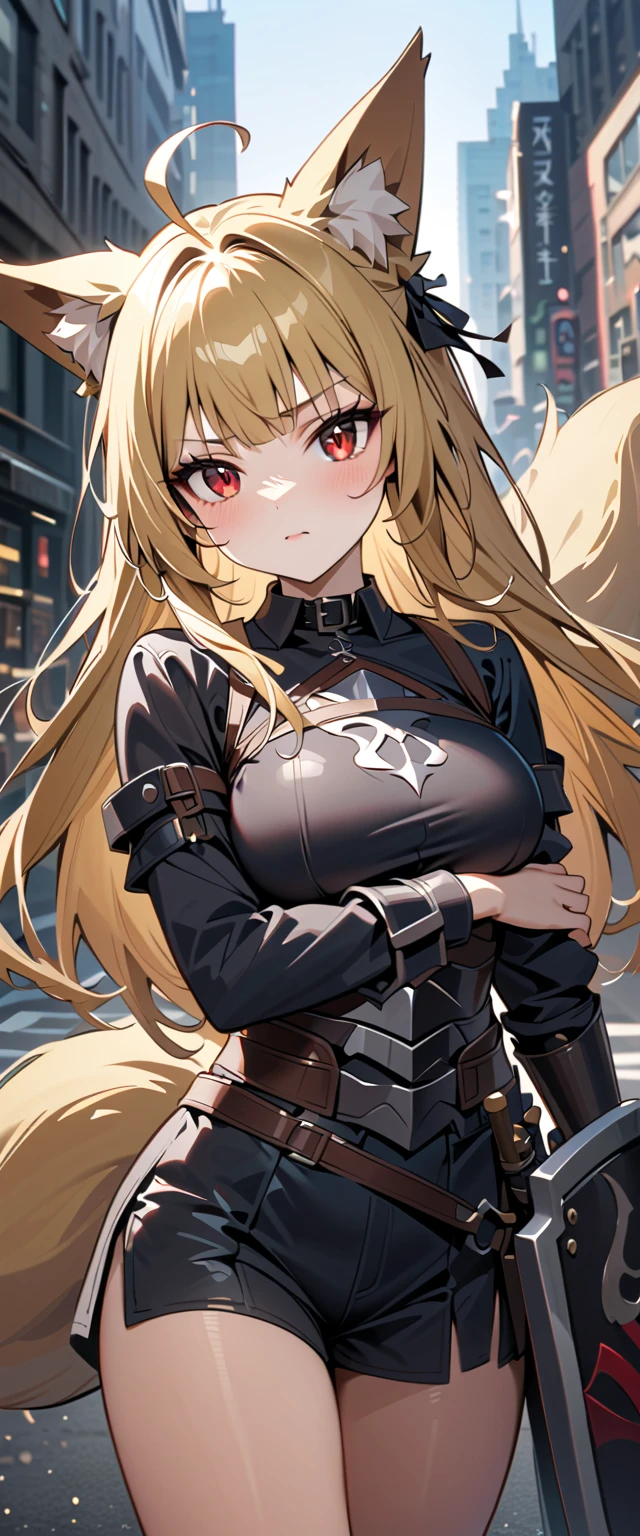 (high-quality, breathtaking),(expressive eyes, perfect face) 1girl, female, solo, maomao, cowboy shot, medium full shot, blonde hair color, long hair, alluring red eyes, Large breasts, fox ears, fox tail, small Ahoge, Knight Attire, Armor on arms, Sword and shield, black shorts, looking towards viewer, HD, High quality image, dusty particles floating around, black choker, black collar with spikes, goth girl, goth aesthetic, Adventure aesthetic, new york background
