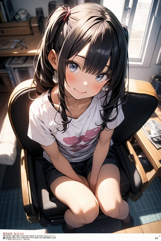 animeスタイル, film portrait photography, woman, blue eyes, black hair, short bob hair, wearing a black T-shirt, Sit on the floor, anime, Moe art style, 8k,