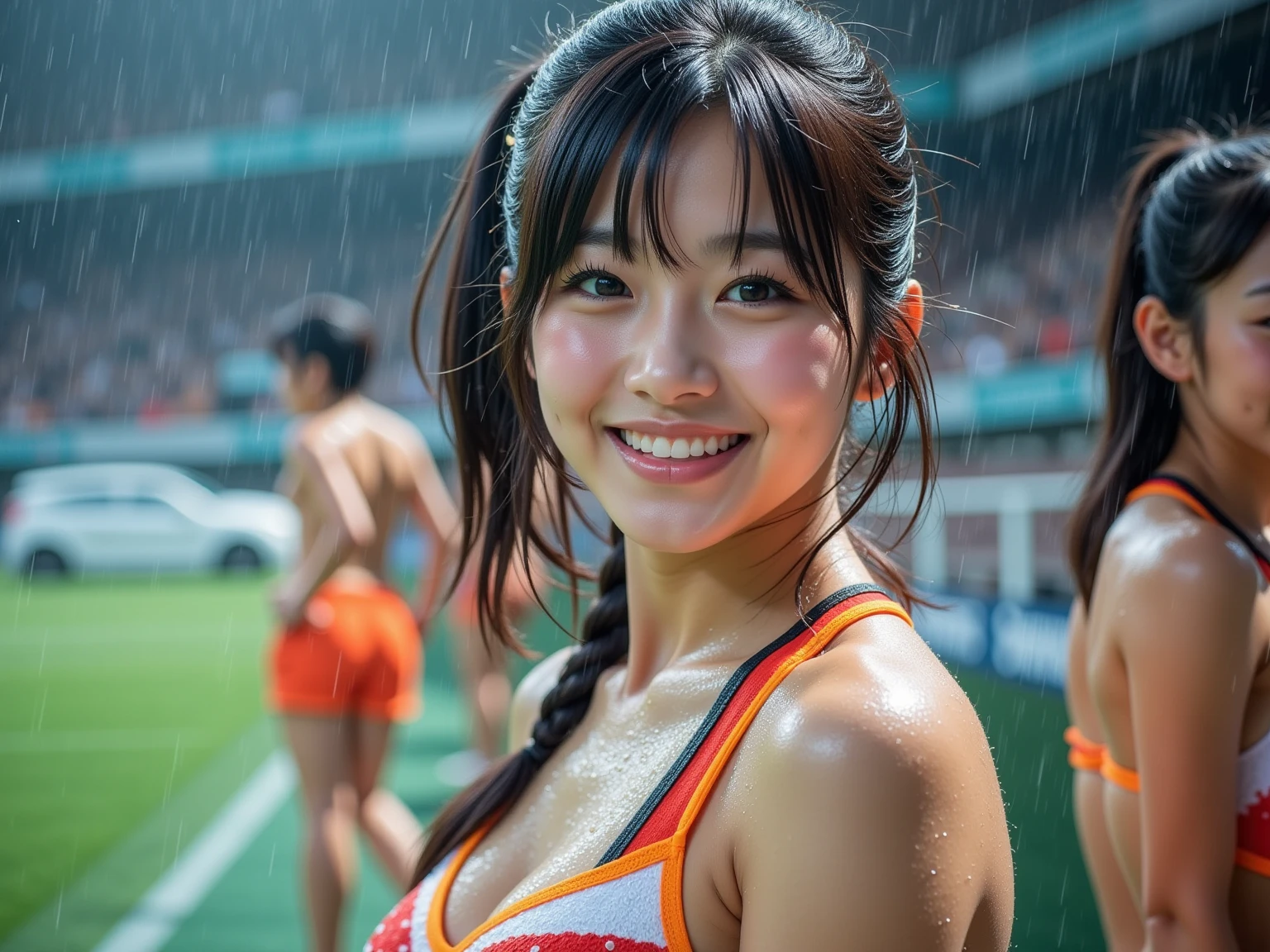 (8k, best quality, masterpiece:1.1), (realistic, photo-realistic:1.25), ultra-detailed, nsfw, 1 girl, Japanese, athletics stadium, smiling, slender, (naked), wet body, Skin, nsfw, Super Short hair, long legs
(background: stadium crowd cheering), (sunlight filters in through the stands), raindrops glistening on her skin, (detailed big tits and pussy), expressive eyes reflecting determination and joy, pure complexion, well-defined muscles, every line and droplet captured in high resolution, a true masterpiece.