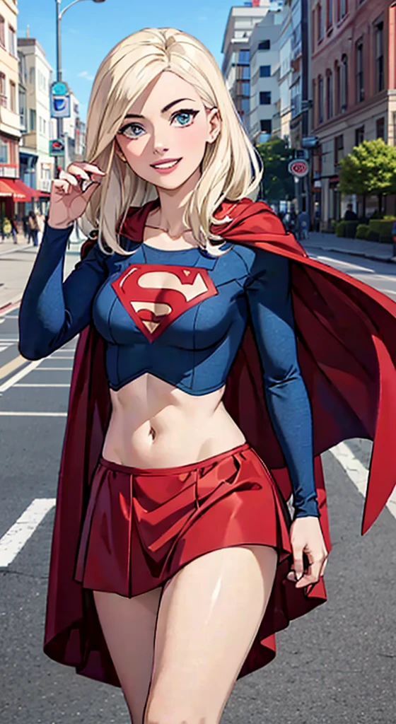 A beautiful sexy girl (Super girl) walking on the street, wearing super girl top, a red mini skirt and a red cape, blue eyes, blond hair, white pale skin, smiling seductive face, city background, intrincate, photorealistic, Ultra HD.