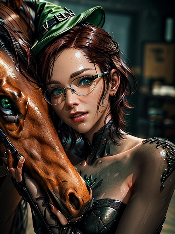 Horses.  short,  red hair,  green eyes, green pointed hat, The Witch's Mantle, smile, witch ,  metal eyeglass frame ,  hugs a soft toy. ( masterpiece fails,  top quality,  better quality, official art,  beautiful and aesthetic :1.2),  extremely detailed ,( fractal art :1.2), Colorful ,The most detailed. (( skin texture , shiny skin. elegance.  photorealism .  unreal engine .  3d Model.  Ultra high quality textures.  high detail .  8k resolution))