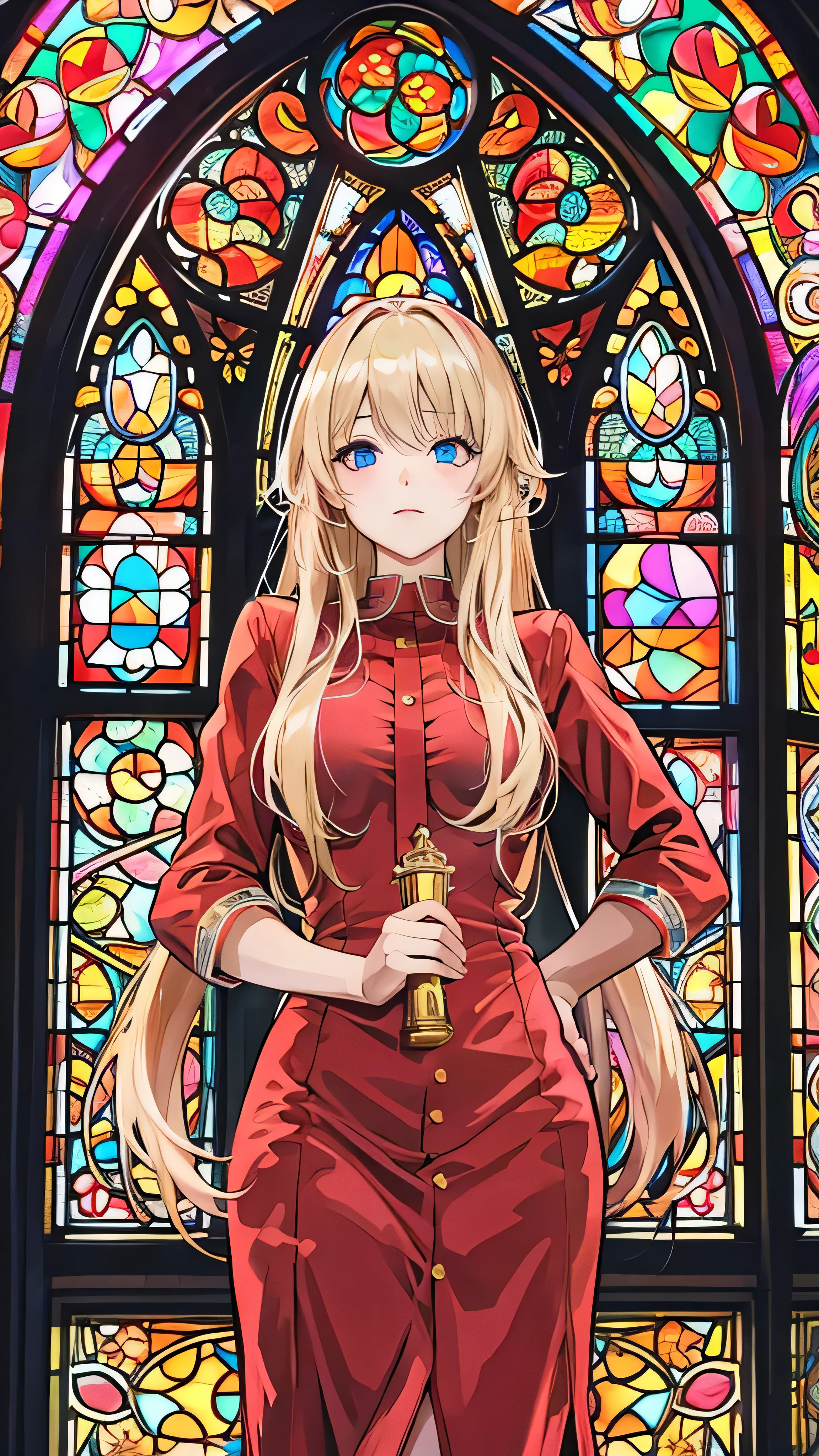  Long Blonde Girl Anime , beautiful eyes finely   Details,  Standing in Front of You Wearing a Red Dress, Cuddling to You ,  Standing in Front of a Stained Glass Window , (full body),   anime best girl  ,  Masterpiece Side Lighting , ​masterpiece,  top quality,   Details,   High Resolution Illustration  