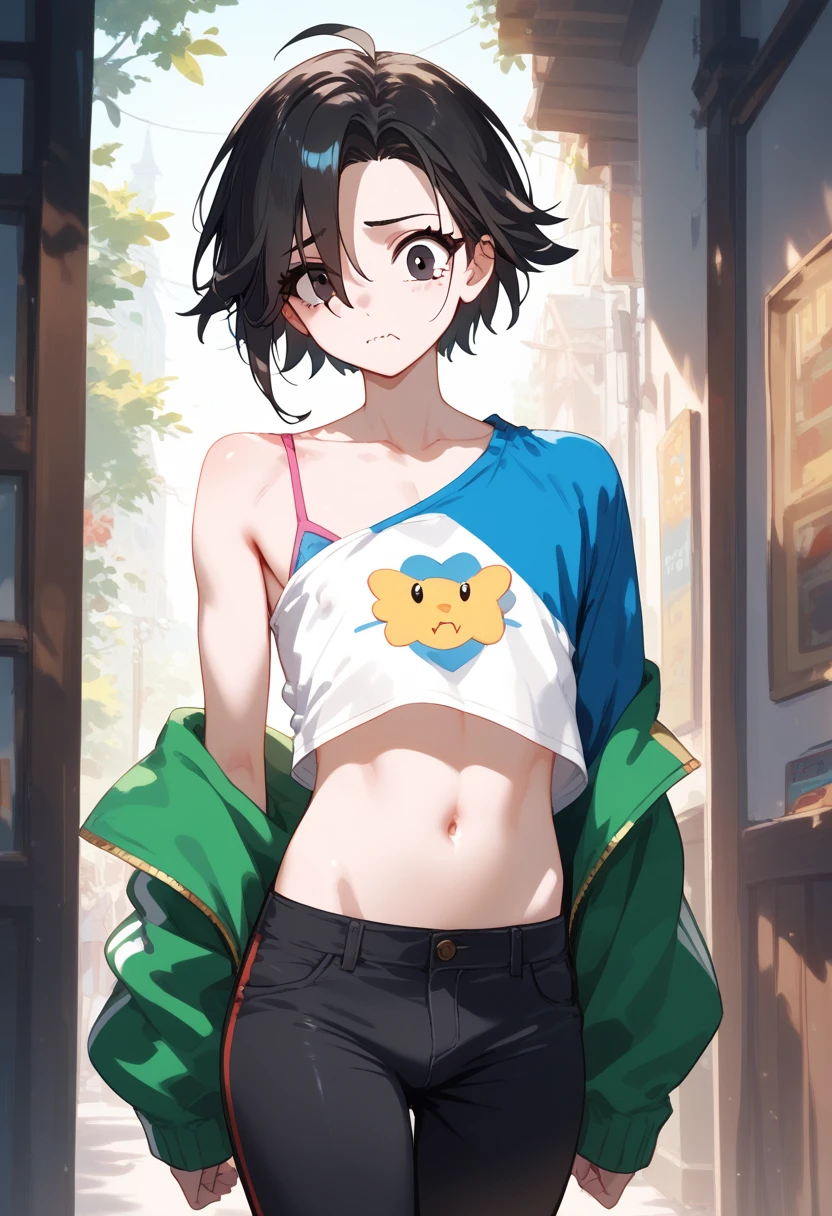 fine、tomboy、Navel exposure、chest、look up