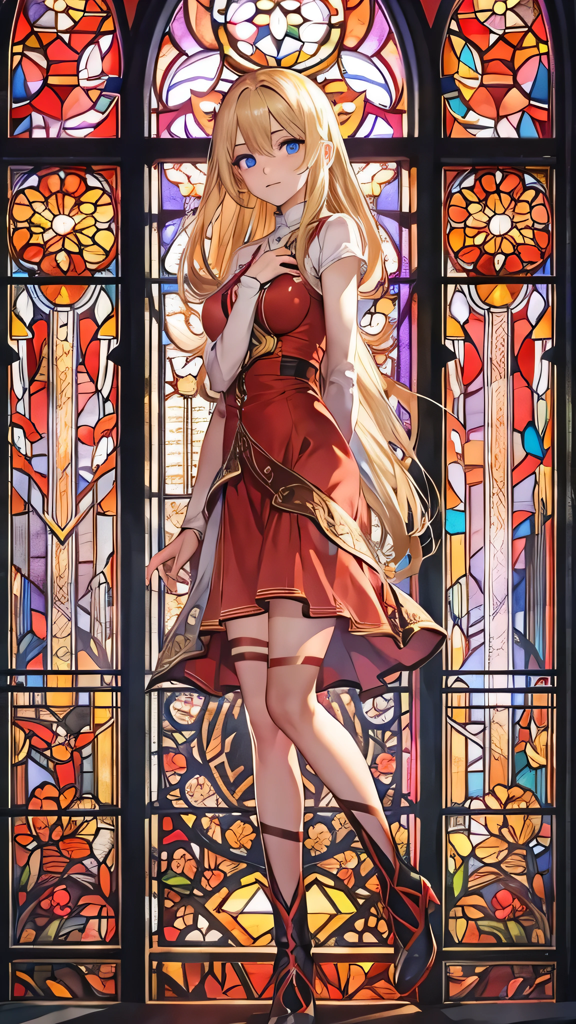  Long Blonde Girl Anime , beautiful eyes finely   Details,  Standing in Front of You Wearing a Red Dress, Cuddling to You ,  Standing in Front of a Stained Glass Window , (full body),   anime best girl  ,  Masterpiece Side Lighting , ​masterpiece,  top quality,   Details,   High Resolution Illustration  