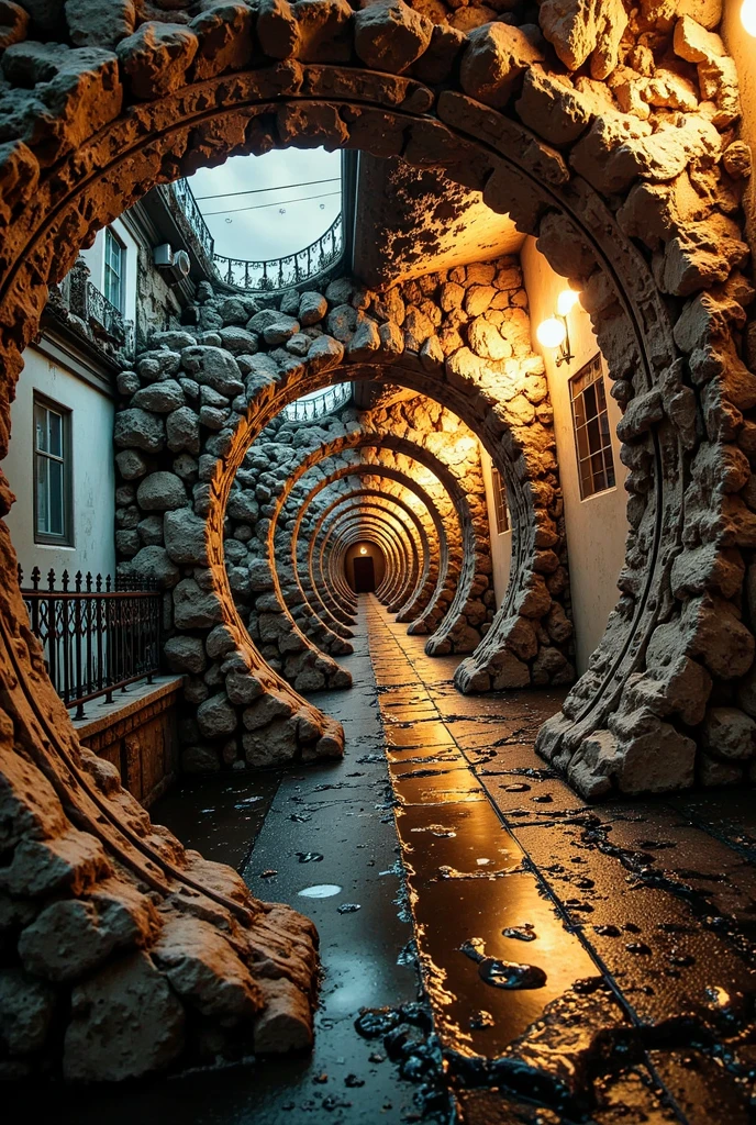   ultra-realistic  , The psychological Droste effect of an infinite tunnel-like corridor, The recursion extends both vertically and horizontally, dizzying, miroku that is hard to escape. corridors stretch on and on , repeated gate shapes, Doorway, 無限に自身を映し出すmirrorの反射. each corridor smoothly folds in on itself, creates an unrealistic feeling of infinity of claustrophobia.

dim, dim lighting casts long shadows, subtly swaying distorted shadows, increases the disorienting effect. The walls and floor are decorated with intricate gilt frames, aged stone texture, mirror面のような反射面, amplifies the recursive illusion. mirror, Doorway, windows reflect and repeat infinitely, Each frame contains a miniature version of the entire corridor, creates a sense of infinite depth.

unstable yet fascinating atmosphere, evokes a psychological paradox of space and depth, The viewer feels trapped in an endless corridor. The light shifts subtly between warm gold and eerie,  Cold Tones , further distorts perception of time and place. The fisheye effect enhances the sense of being drawn into infinity, The recursion creates a sense of immersion and being trapped.

The image captures the psychological essence of infinite recursion, creates a hypnotic state, psychological illusion of space folding in on itself, As you move forward, you are drawn deeper into it.