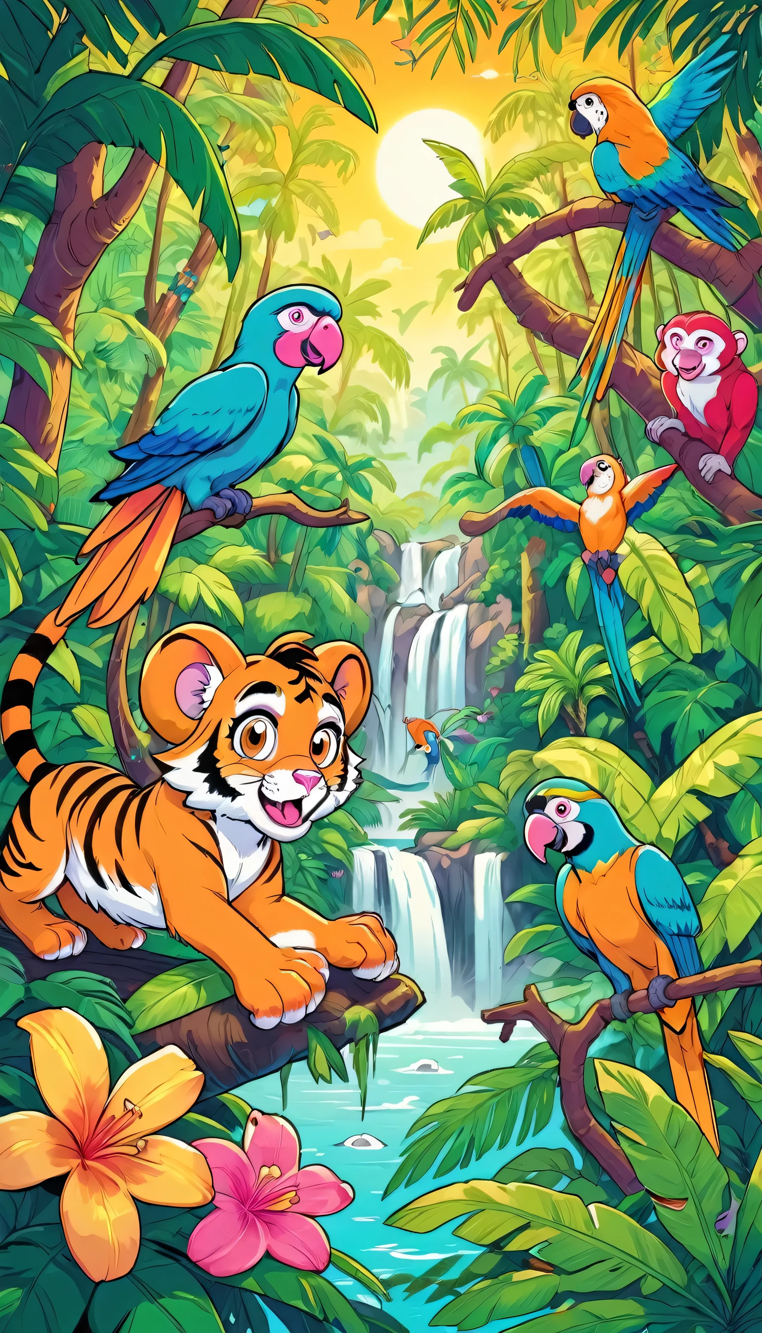 A coloring book page with an animal theme, created in the style of a digital illustration by Lisa Frank, featuring a playful jungle scene with a tiger, monkey, and parrot, set in a vibrant, lush rainforest with a warm color palette, the animals have cheerful expressions, under bright, cheerful lighting, and a lively, whimsical atmosphere, art style: line art black and white. Vector Art, Flattening, smooth line art, Minimalism, graphic design aesthetics, flat illustration, (masterpiece, best quality, perfect composition, very aesthetic, absurdres, ultra-detailed, intricate details, Professional, official art, Representative work:1.3)