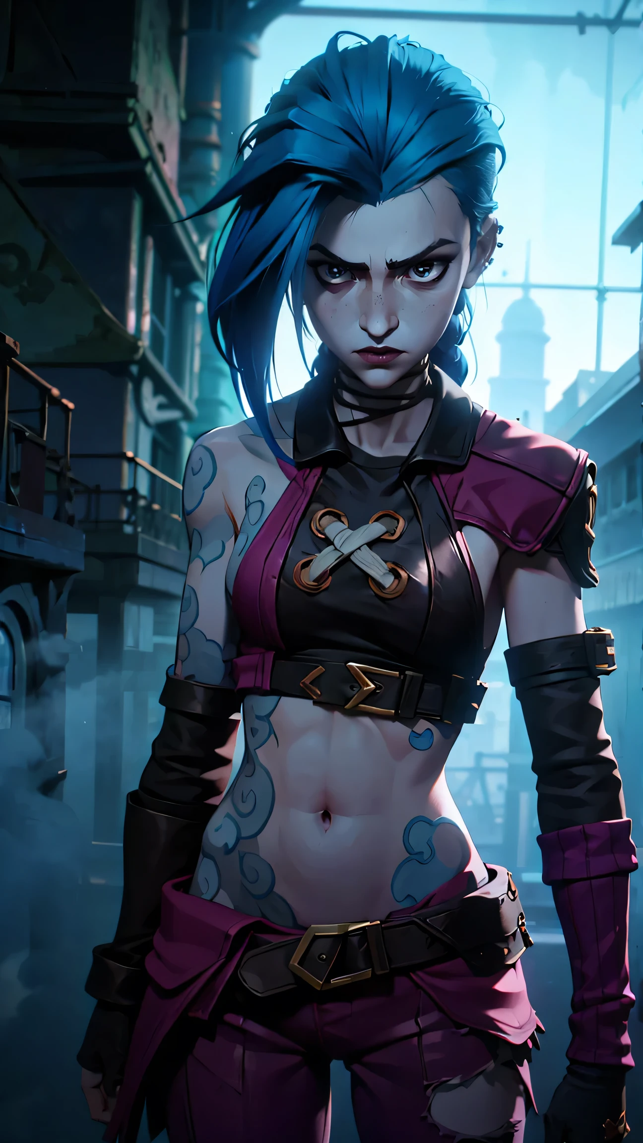 cinematic portrait of jinx from league of legends, intricate details, hyper realistic, dark and ominous atmosphere, blue hair, pink eyes, piercing gaze, colorful tattoos, leather jacket, ripped jeans, holding a grenade launcher, post-apocalyptic city in background, dramatic lighting, cinematic composition, moody color palette, best quality, 8k, photorealistic