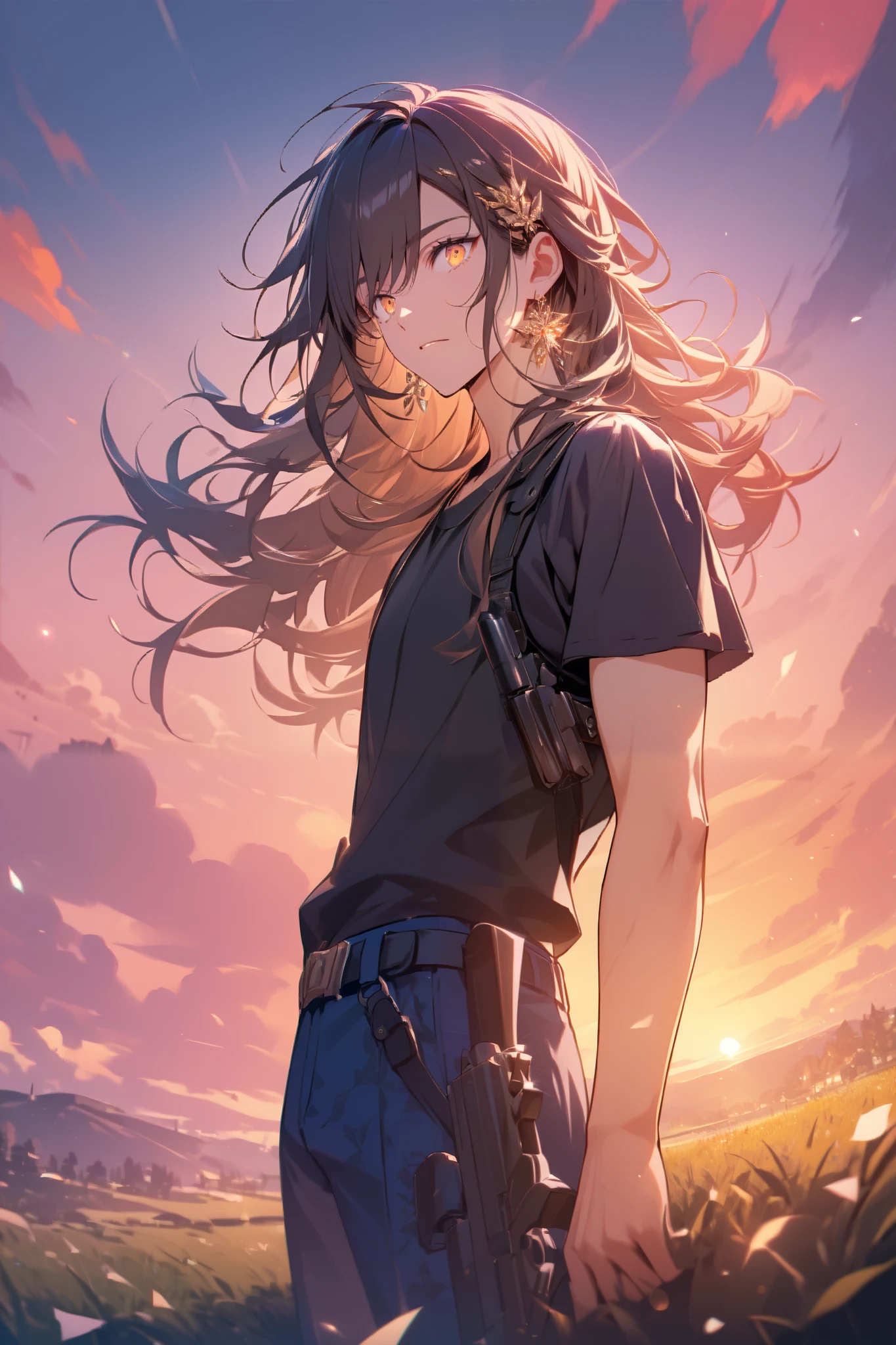 (masterpiece), best quality, expressive eyes, perfect face, tall, 19 year old male, brown long hair, bangs, wolf cut hairstyle, orange eyes, athletic black t-shirt, blue pants with black belt, crossbow on side, gun holster on pants with dual pistols, masculine, sunset, shibuya background