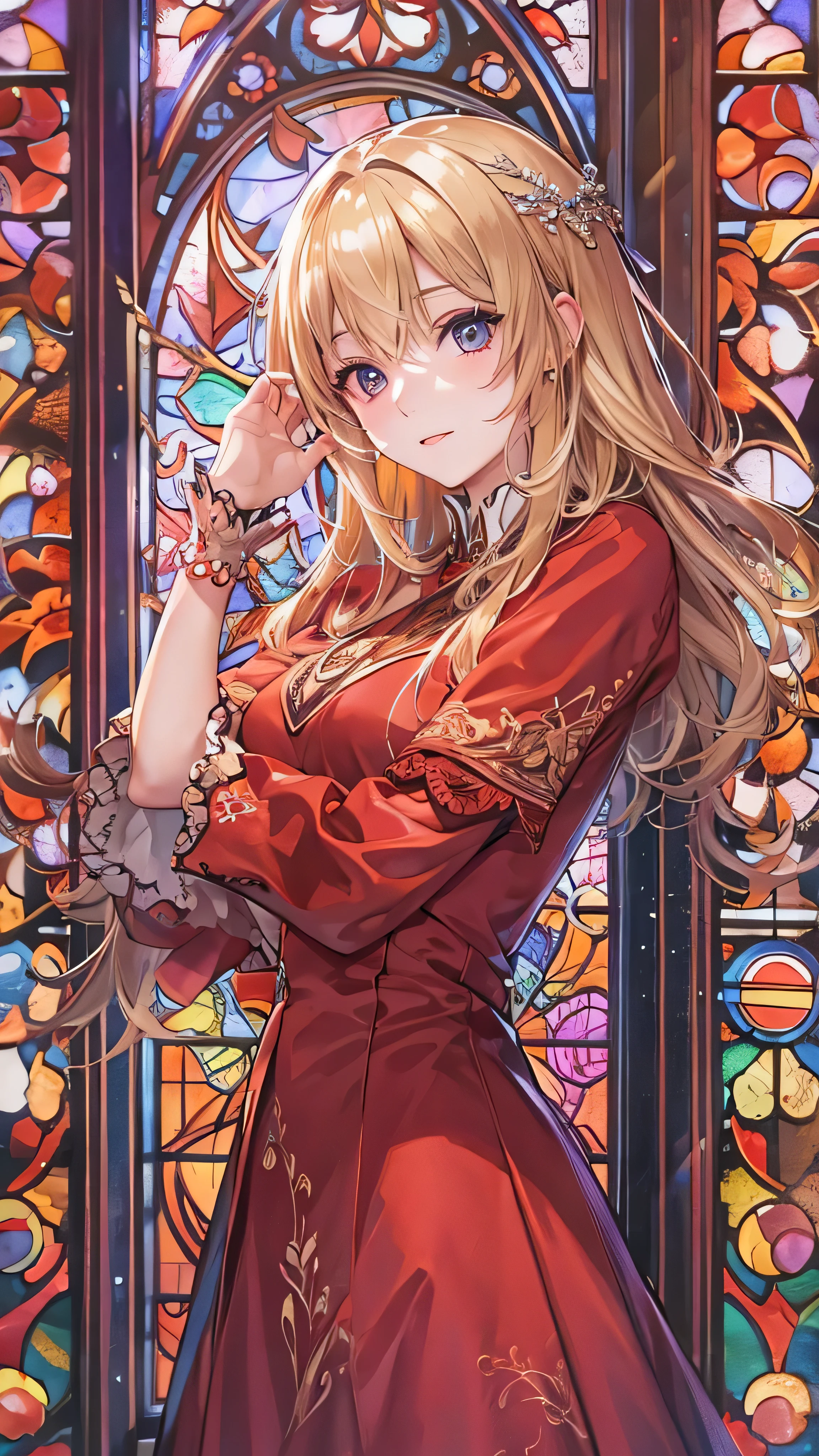  Long Blonde Girl Anime , beautiful eyes finely   Details,  Standing in Front of You Wearing a Red Dress, Cuddling to You ,  Standing in Front of a Stained Glass Window , (full body),   anime best girl  ,  Masterpiece Side Lighting , ​masterpiece,  top quality,   Details,   High Resolution Illustration  