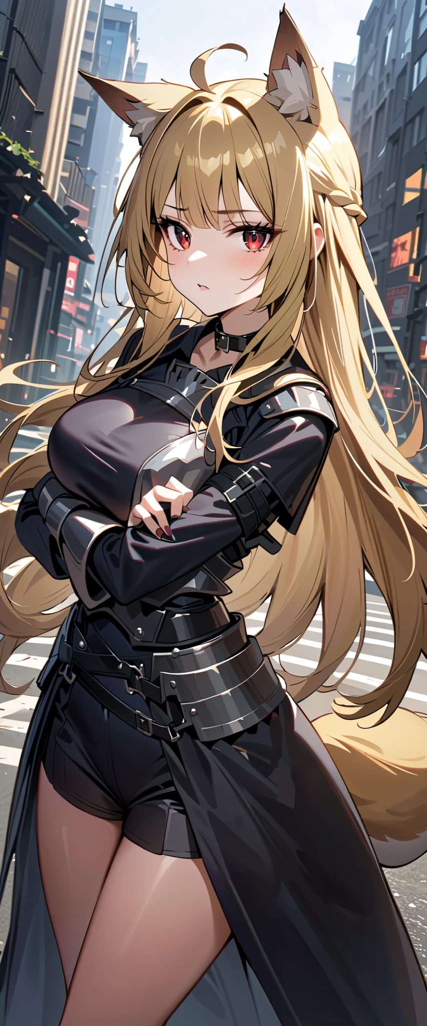 (high-quality, breathtaking),(expressive eyes, perfect face) 1girl, female, solo, maomao, cowboy shot, medium full shot, blonde hair color, long hair, alluring red eyes, Large breasts, fox ears, fox tail, small Ahoge, Knight Attire, Armor on arms, Sword and shield, black shorts, looking towards viewer, HD, High quality image, dusty particles floating around, black choker, black collar with spikes, goth girl, goth aesthetic, Adventure aesthetic, new york background
