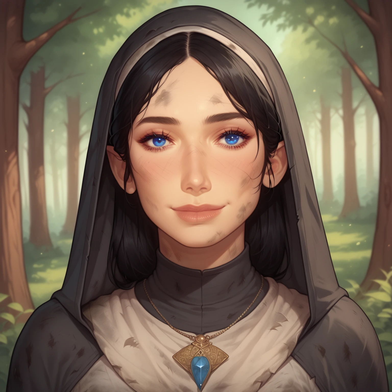 (((beautiful, high quality, comics style, detailed face))), score_9, score_8_up, score_7_up, BREAK, 1girl, (duxlipa), ((Franciscan monk habit, hood up)), small pointed ears, black hair, blue eyes, simple pendant, dirty clothes, smile, docile, female focus, solo:1.4, portrait, upper body, portrait, looking at the viewer, forest background, fantasy, blurred background, Expressiveh, detailxl, DeepNegative_xl_v1, zPDXL3