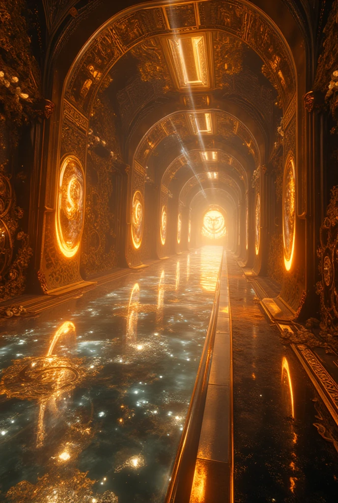 A magnificent time-traveling Endless Corridor stretching into a surreal, fantastical expanse. The walls of the corridor are adorned with glowing gears and intricate clockwork mechanisms, seamlessly integrated into an ornate, otherworldly design. Soft golden light emanates from embedded panels and crystalline windows, casting shifting shadows that suggest glimpses of alternate timelines. The corridor's floor is a polished surface, reflecting the swirling vortex of time visible beneath — glowing particles, fragments of clocks, and faint impressions of historical landmarks emerging from the mist. Arched doorways line the walls, each leading to mysterious destinations from different eras and dimensions. The air hums with a faint, melodic resonance, as streaks of light and stars spiral through the corridor's ceiling, creating a sense of bending time and space. The overall atmosphere is awe-inspiring and enigmatic, blending the intricate elegance of steampunk aesthetics with a futuristic, infinite design that beckons explorers to journey beyond the limits of imagination.