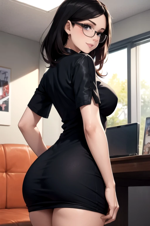 Best quality, mature woman, giant breasts, giant ass, very curvy, high ponytail, black eyes, full lips, seductive, principal uniform, black blazer, white button up, pencil skirt, exposed cleavage