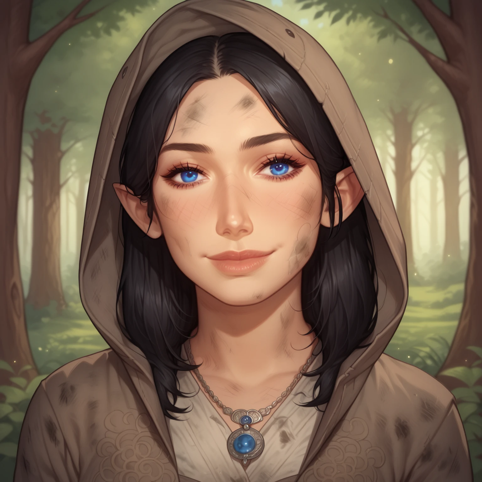 (((beautiful, high quality, comics style, detailed face))), score_9, score_8_up, score_7_up, BREAK, 1girl, (duxlipa), ((Franciscan monk robe, brown robe, hood up)), small pointed ears, black hair, blue eyes, simple pendant, dirty clothes, smile, docile, female focus, solo:1.4, portrait, upper body, portrait, looking at the viewer, forest background, fantasy, blurred background, Expressiveh, detailxl, DeepNegative_xl_v1, zPDXL3