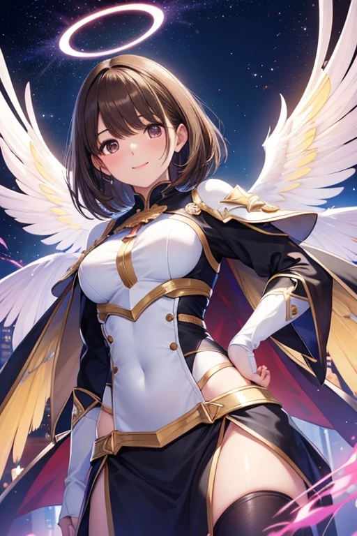 fantasy, 1angel_girl,, ,brown_hair, medium_bob_hair, long_bangs, halo,bare_shoulder,thighhighs,silver_armor, waist_armor, large_breasts,angry,grinning,open_mouth_teeth, 1pair_wings, dynamic_pose_fighting,floating, bare_crotch, headgear,gauntlet, greaves,city_sky_background,slightly_spread_legs, solo, groin_naked,dark_skin,