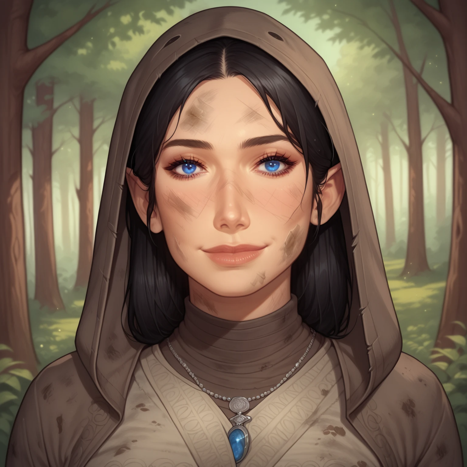 (((beautiful, high quality, comics style, detailed face))), score_9, score_8_up, score_7_up, BREAK, 1girl, (duxlipa), ((Franciscan monk robe, brown robe, hood up)), small pointed ears, black hair, blue eyes, simple pendant, dirty clothes, smile, docile, female focus, solo:1.4, portrait, upper body, portrait, looking at the viewer, forest background, fantasy, blurred background, Expressiveh, detailxl, DeepNegative_xl_v1, zPDXL3