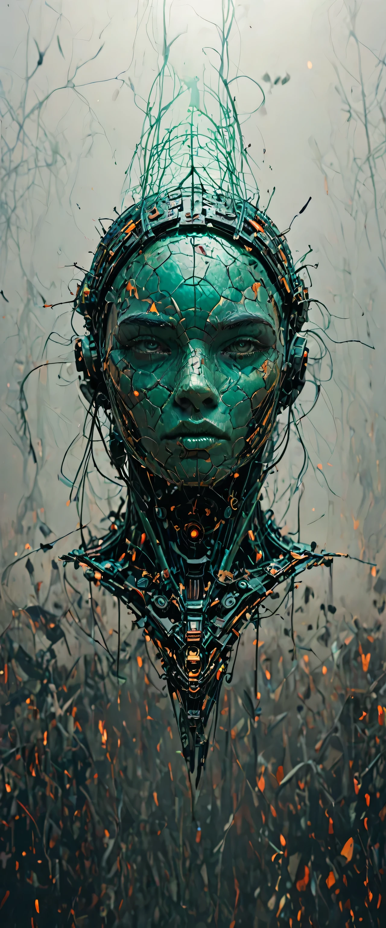 Here's an improved version of your request :
" Extreme close-up shot that captures sharpness , An angled look of a wicked woman against a sandy background , dystopian cityscape . Its green metallic mechanical body ., Intricately detailed with elegant black accents ., shines with precision . The sparks of embers travel through the smoke ., Foggy background, adding to the tension of the scene . The image is captured in high definition with ultra-detailed details ., Photorealistic Quality (1.5), rendered in 8K UHD . The warm side light projects a dramatic contrast on her features., emphasizing the textures of the metal and highlighting the depth . Taken with an angled lens for a dynamic composition ., Every detail is sharp , delivering a masterpiece-level image (1), Infused with a surreal yet realistic feel .."