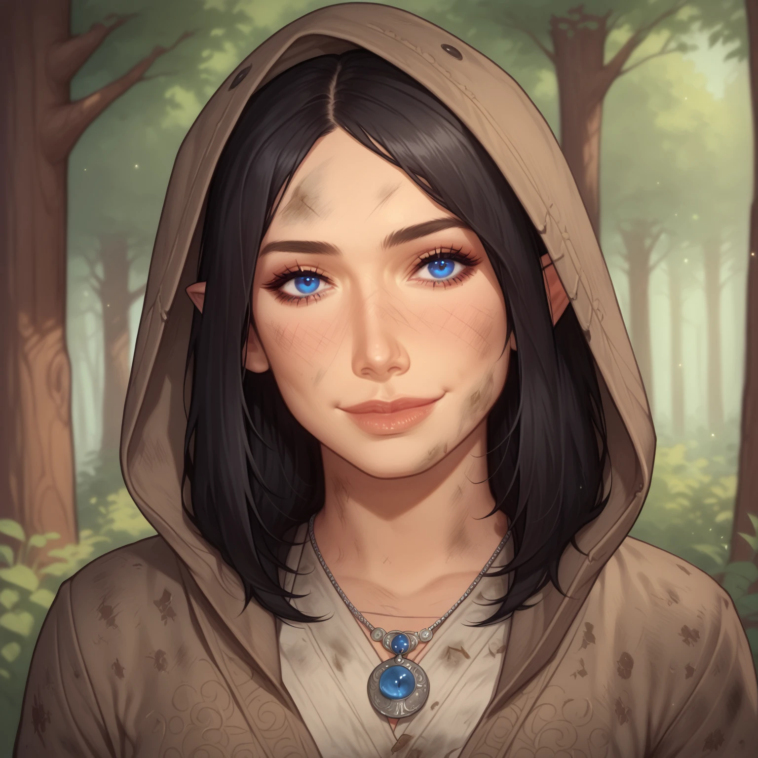 (((beautiful, high quality, comics style, detailed face))), score_9, score_8_up, score_7_up, BREAK, 1girl, (duxlipa), ((Franciscan monk robe, brown robe, hood up)), small pointed ears, black hair, blue eyes, simple pendant, dirty clothes, smile, docile, female focus, solo:1.4, portrait, upper body, portrait, looking at the viewer, forest background, fantasy, blurred background, Expressiveh, detailxl, DeepNegative_xl_v1, zPDXL3