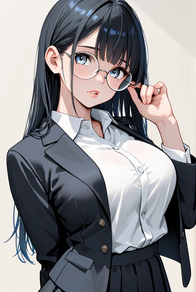  A shy looking nerdy girl with black hair with fringe reaching up to her waist.  She has shy gray-blue eyes . very full breasts, thin waist and full lips .  She's wearing her big round glasses ,  a white shirt along with a black buttoned blazer with a black skirt 