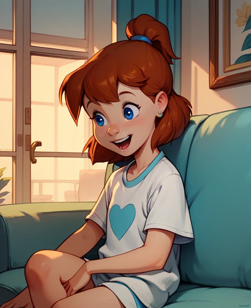 jenny, 1 girl, solo, brown hair, ponytail, blue eyes, earrings, in the living room, sitting pose on sofa, open smile, wearing plain t-shirt