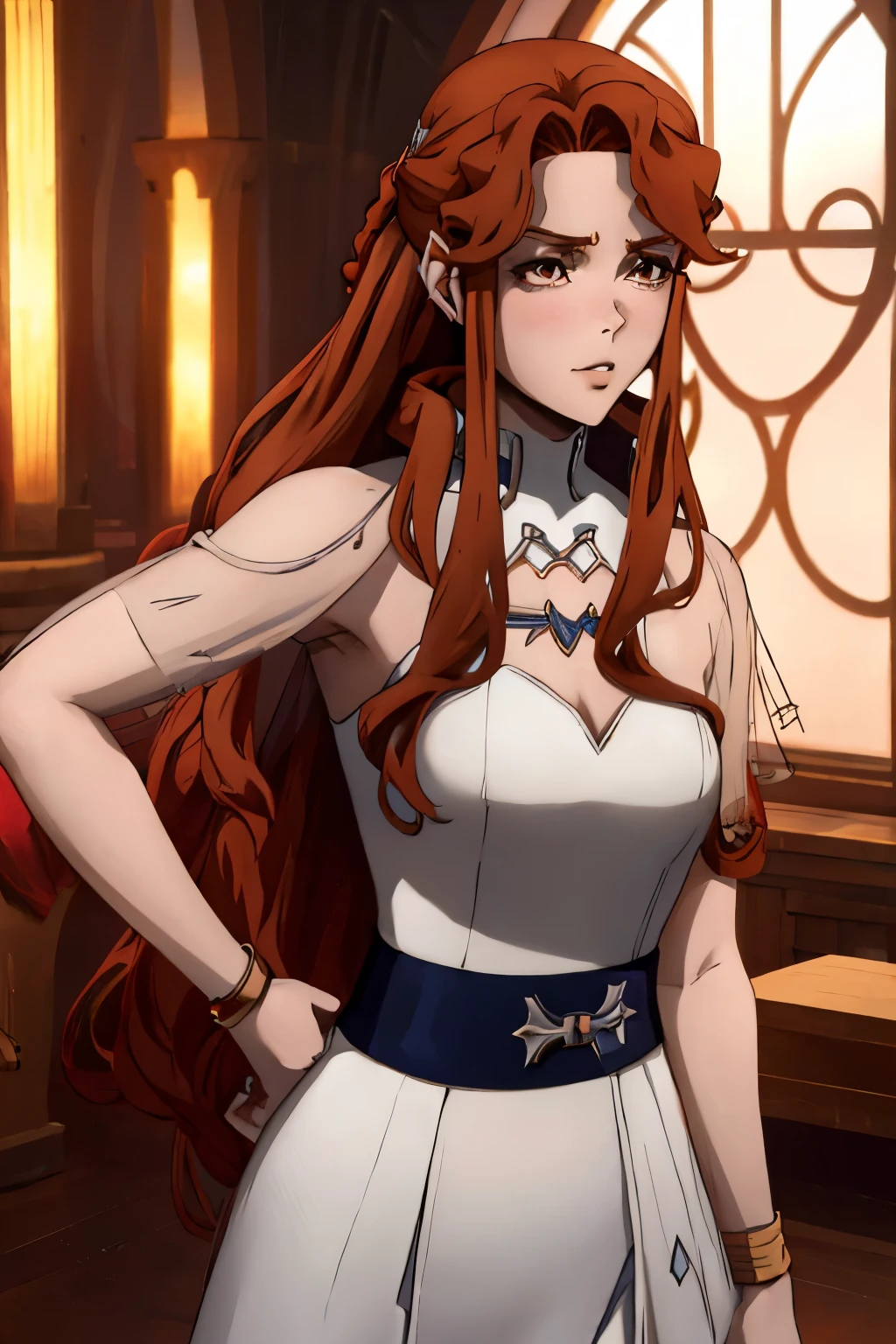  score_9, score_8_above, score_7_above,18 years old,1 girl,asuna \(sao-alo \),  Sword Art Online ,Yuuki Asuna,Alone, Not suitable for work , brown eyes,  brown hair,  wide hair, blows, Braid,Standing,leg above, hand on hip, holding cabove, seductive smile ,blush,Big breasts, brown hair,by the, wide hair, red dress 
,neckline pronunciado, gold chain ,center parting,neckline,belly button,Earrings,bracelet,pool ,people, multiple ren,