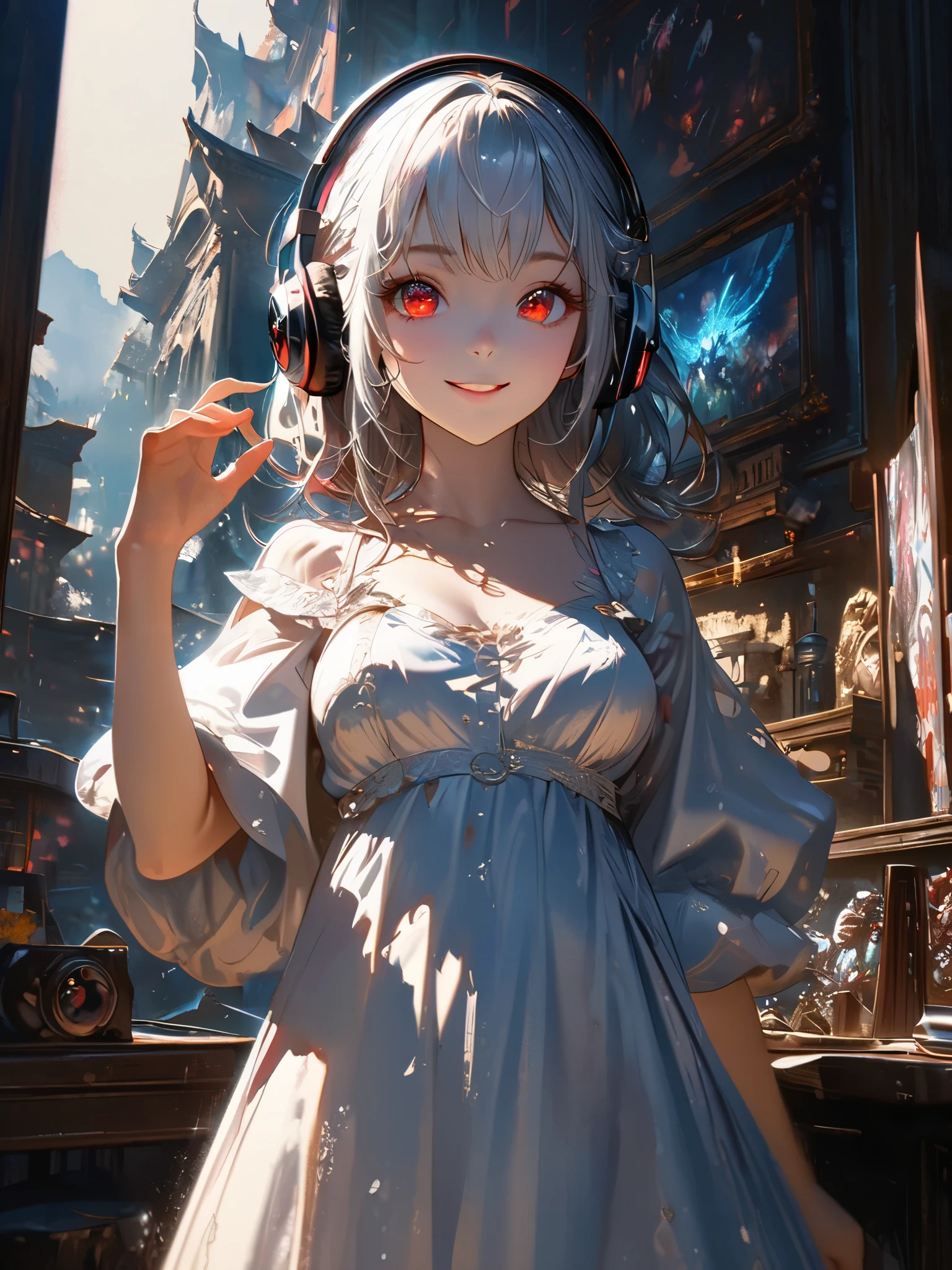 Anime girl in a dress with headphones and a phone - SeaArt AI