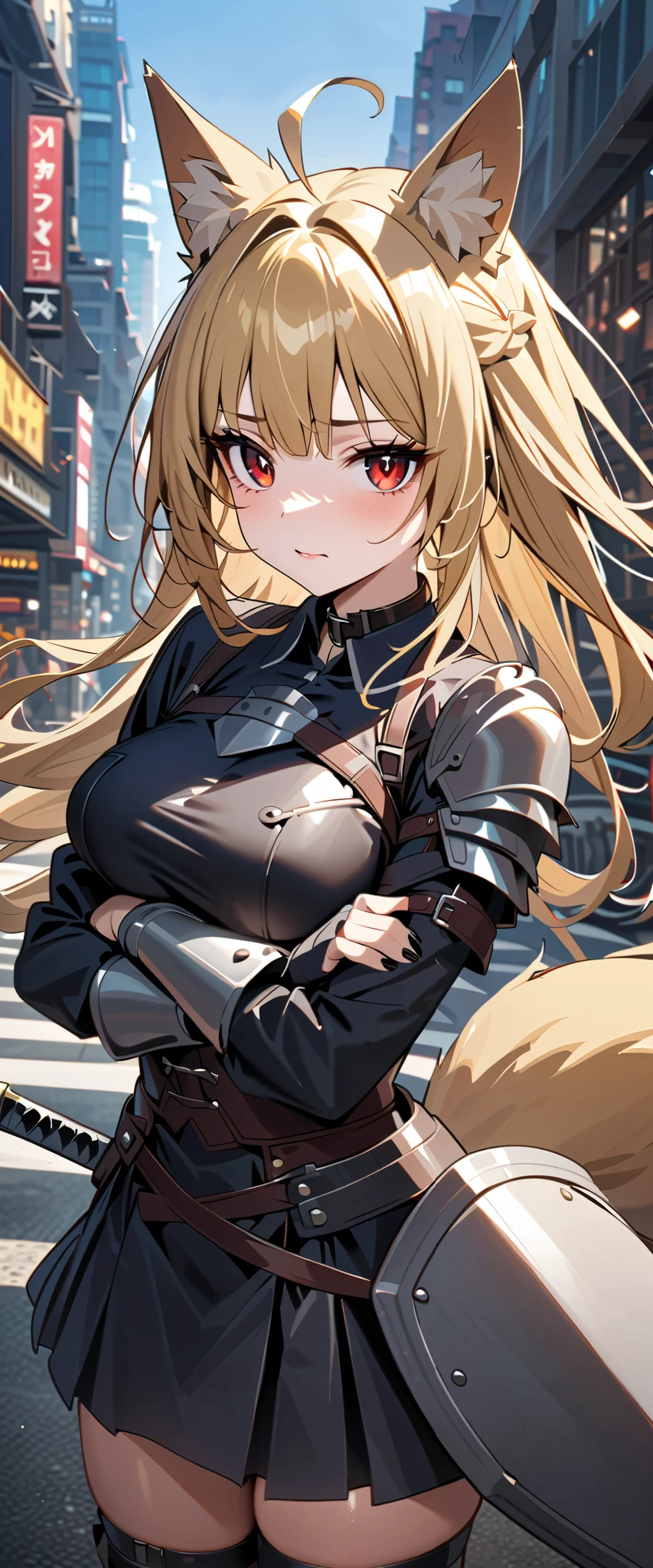 (high-quality, breathtaking),(expressive eyes, perfect face) 1girl, female, solo, maomao, cowboy shot, medium full shot, blonde hair color, long hair, alluring red eyes, Large breasts, fox ears, fox tail, small Ahoge, Knight Attire, Armor on arms, Sword and shield, looking towards viewer, HD, High quality image, dusty particles floating around, black choker, black collar with spikes, goth girl, goth aesthetic, Adventure aesthetic, new york background
