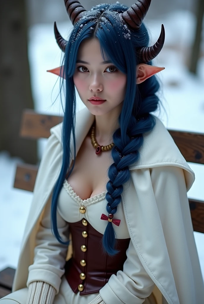 Portrait of a girl with elf ears. Her hair is blue and so are her eyes., she wears big round glasses, she is wearing a red robe, curly hair anime mo artstyle