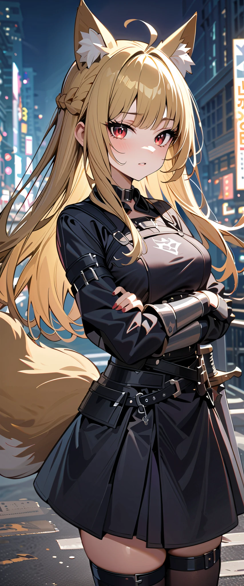 (high-quality, breathtaking),(expressive eyes, perfect face) 1girl, female, solo, maomao, cowboy shot, medium full shot, blonde hair color, long hair, alluring red eyes, Large breasts, fox ears, fox tail, small Ahoge, Knight Attire, Armor on arms, Sword and shield, looking towards viewer, HD, High quality image, dusty particles floating around, black choker, black collar with spikes, goth girl, goth aesthetic, Adventure aesthetic, new york background
