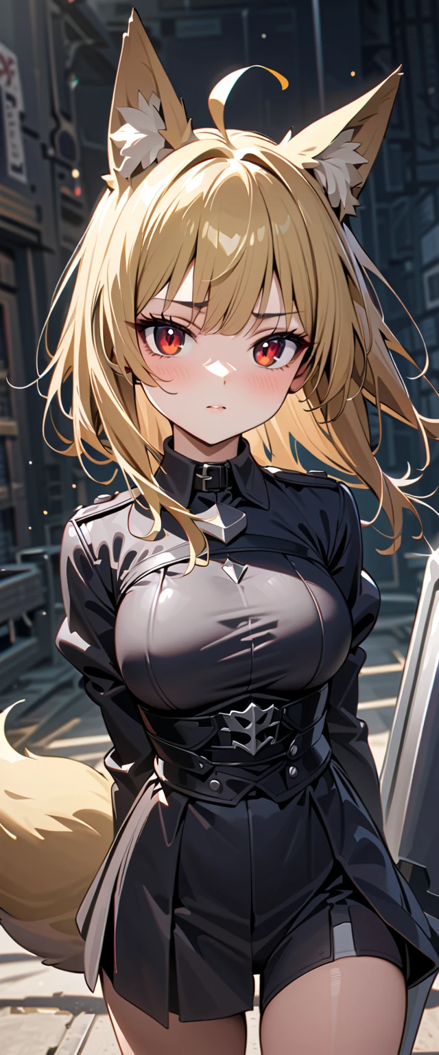 (high-quality, breathtaking),(expressive eyes, perfect face) 1girl, female, solo, maomao, cowboy shot, medium full shot, blonde hair color, alluring red eyes, Large breasts, fox ears, fox tail, small Ahoge, Knight Attire, Sword and shield, black shorts, looking towards viewer, HD, High quality image, dusty particles floating around, black choker, black collar with spikes, goth girl, goth aesthtic
