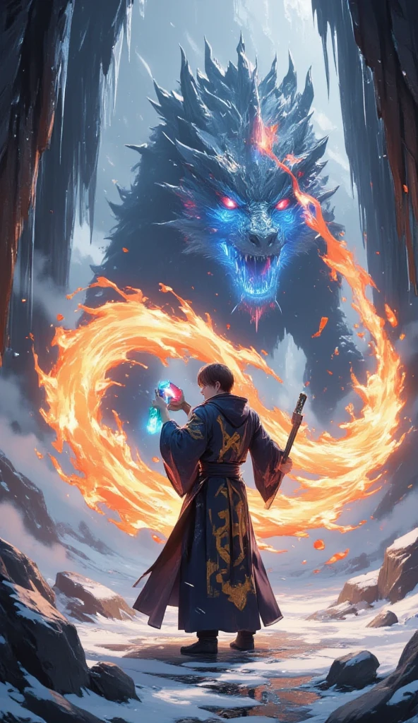 ( best illustrations:1.2), ( masterpiece:1.2 ), (  super detailed), 8k, 16k,  wallpaper,(  anime:2.0) , (solo leveling:2.0) A powerful anime-style magician in a dark, flowing robe adorned with glowing arcane symbols, wielding a staff topped with a pulsating blue crystal. The magician is casting a massive fire spell, the flames swirling around him in intricate patterns. He faces an enormous Ice Dragon, its body covered in jagged icy spikes and glowing blue eyes, inside a frozen dungeon filled with sharp ice stalactites and a chilling mist. The scene is dynamic, with fire and ice clashing mid-air, creating sparks and steam.