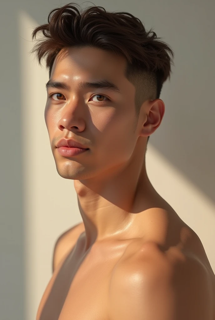 best quality, masterpiece, hyper realistic, extremely detailed, "0" text in orange neon lights in the background, huge bulge in white tiny gstring jockstrap, extremely handsome asian man, runs one hand through his hair, grinning, stocky build, half body, fill frame, dark cinematic lighting, extremely dramatic shadows, no background, perfect face, perfection, no signature, no logo