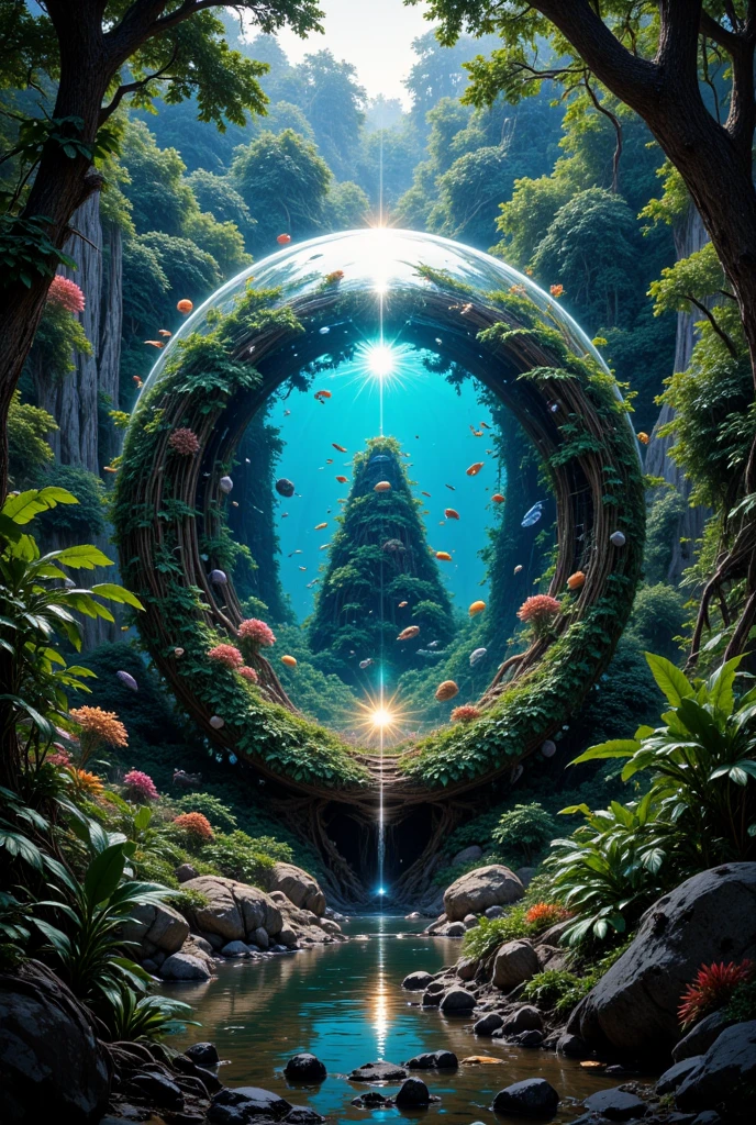 (masterpiece),(best quality:1.0), (ultra highres,), detailed, a huge glass ball with an ocean inside of it, the glass ball was stand firmly in the middle of the rainforest, digital art, cg society contest winner, sunrays, concept art design illustration, beautiful digital illustration, closed ecosystem