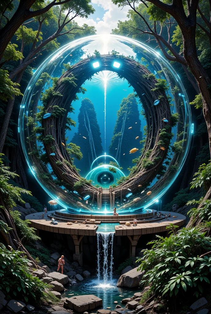 (masterpiece),(best quality:1.0), (ultra highres,), detailed, a huge glass ball with an ocean inside of it, the glass ball was stand firmly in the middle of the rainforest, digital art, cg society contest winner, sunrays, concept art design illustration, beautiful digital illustration, closed ecosystem