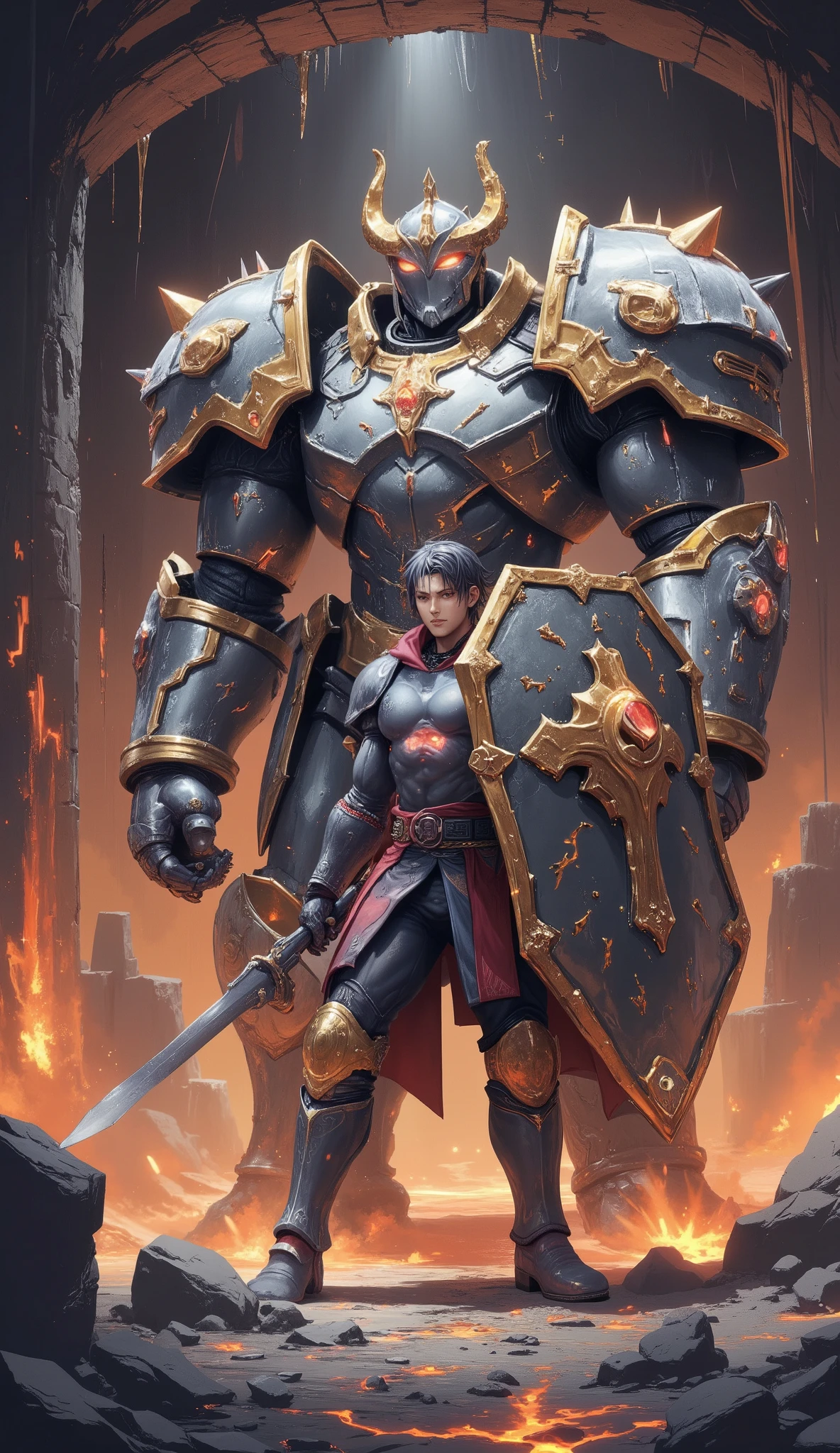 ( best illustrations:1.2), ( masterpiece:1.2 ), (  super detailed), 8k, 16k,  wallpaper,(  anime:2.0) , (solo leveling:2.0) A colossal tank warrior clad in heavy, shining silver armor with glowing runic engravings, holding an enormous shield reinforced with spikes. The warrior is bracing against the impact of a massive Stone Golem, whose body is composed of boulders and molten lava cracks glowing fiercely. They are in a cavernous dungeon with glowing lava pools, crumbling stone walls, and an atmosphere of intense heat. The tank's determined expression contrasts with the raw, crushing force of the golem's attack.