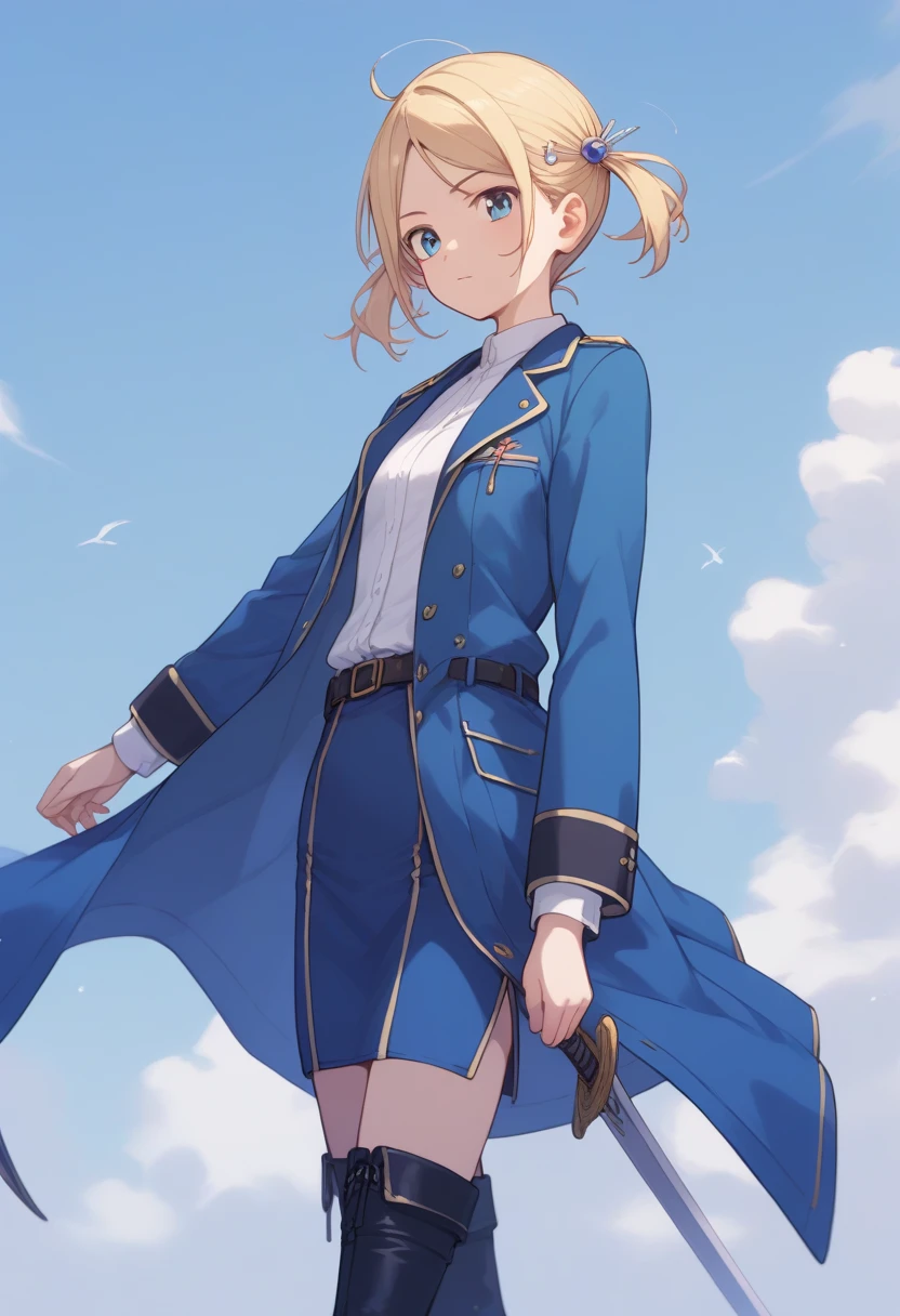  awashima seri, short hair, blonde hair, parted bangs, short twintails, sidelocks, hair ornament, military uniform, long sleeves, white shirt, blue coat, long coat, belt, blue skirt, pencil skirt, sword, rapier, sheath, black footwear, thigh boots, high heel boots