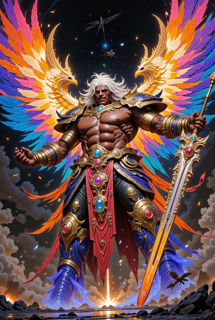 a stocky muscular dark tan-skin man with colourful birds wings, holding a glowing crystal spear in one hand and glowing crystal armor shield on the other hand, concept art, Brian Despain, Artstation contest winner, asianfuturism, massive muscle mankind, angelic crystal armor, archangel, divinity detailed, olympian god, god of the lights, egyptian god, colourful feathers, best quality, 4k, 8k, highres, masterpiece:1.2, ultra-detailed, realistic, photorealistic, photo-realistic:1.37, HDR, UHD, studio lighting, ultra-fine painting, sharp focus, physically-based rendering, extreme detail description, professional, vivid colors, bokeh