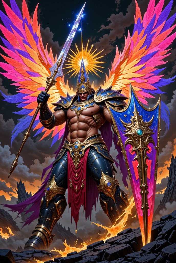 a stocky muscular dark tan-skin man with colourful birds wings, holding a glowing crystal spear in one hand and glowing crystal armor shield on the other hand, concept art, Brian Despain, Artstation contest winner, asianfuturism, massive muscle mankind, angelic crystal armor, archangel, divinity detailed, olympian god, god of the lights, egyptian god, colourful feathers, best quality, 4k, 8k, highres, masterpiece:1.2, ultra-detailed, realistic, photorealistic, photo-realistic:1.37, HDR, UHD, studio lighting, ultra-fine painting, sharp focus, physically-based rendering, extreme detail description, professional, vivid colors, bokeh