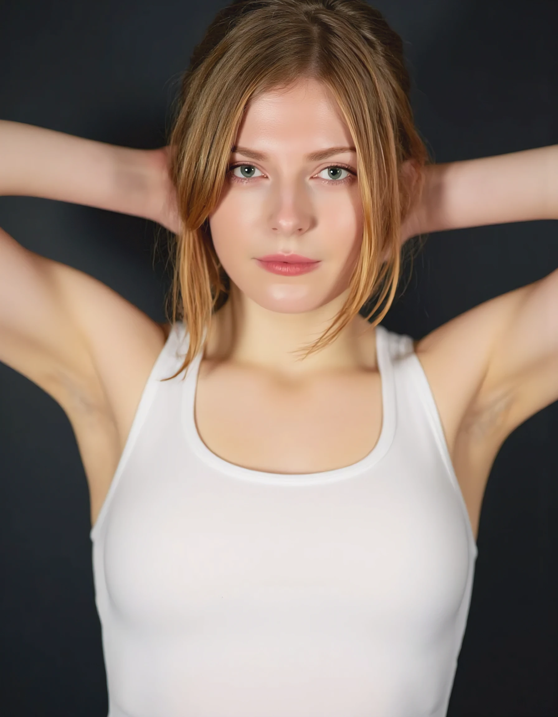 Realistic portrait of a beautiful 16-year-old blonde Dutch high school girl.
Frontal upper body shot, sharp focus, 16K resolution.
After a workout at the gym, she is intimidated by the audience and shows them her armpits with her hands behind her head.
Her armpits are silky smooth but glisten with sweat.
The audience's attention is focused on her beautiful sweaty armpits.
Her armpits smell nice with vanilla and lemon, but she thinks they stink.
Her face is flushed because she is embarrassed that the audience will see her armpits.
She looks at the audience shyly, afraid that the audience will smell and lick her armpits.
Her eyes are beautiful blue and her face is as beautiful as a goddess', with no makeup.
Her messy blonde hair hangs loosely around her face.
She is not wearing a bra and her white tank top is damp with sweat, exposing her nipples.
Her beautiful breasts are symmetrical and her cleavage is glistening with sweat.
Her body is drenched in sweat.