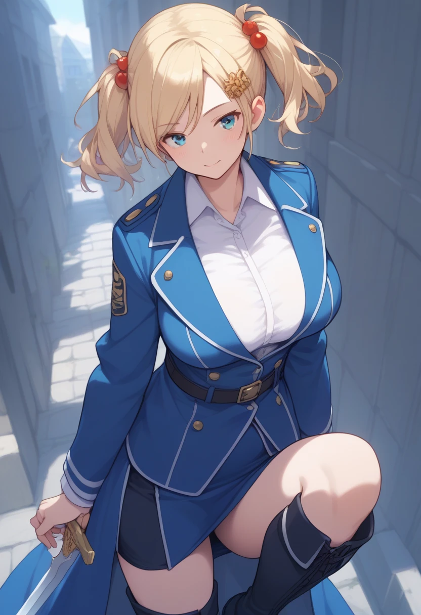  Awashima series  (Awashima series )、 awashima series, short hair, blonde hair, parted bangs, short twintails, sidelocks, hair ornament, military uniform, long sleeves, white shirt, blue coat, long coat, belt, blue skirt, pencil skirt, sword, rapier, sheath, black footwear, thigh boots, high heel boots、 huge breasts