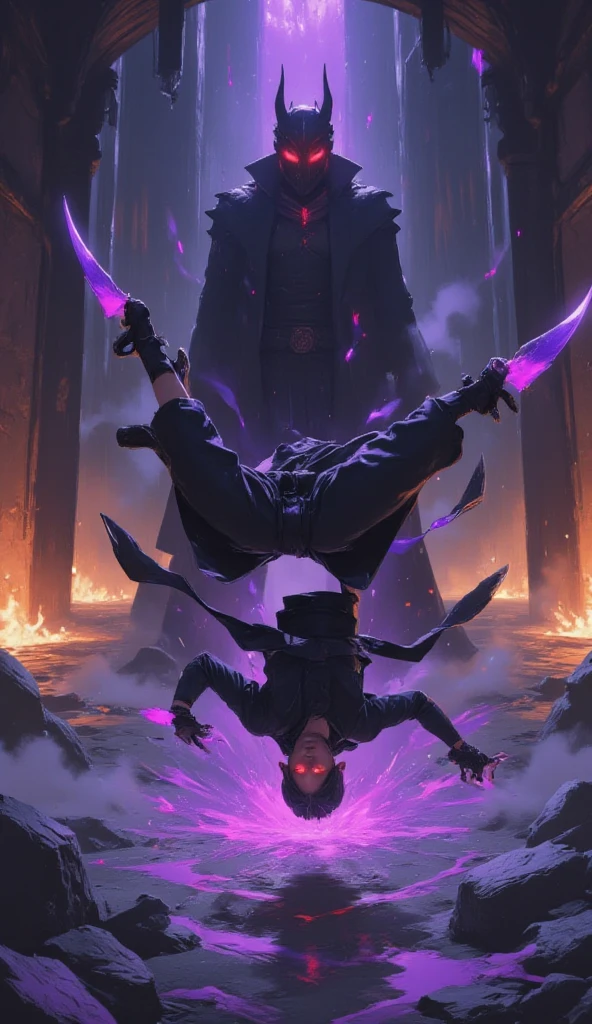 ( best illustrations:1.2), ( masterpiece:1.2 ), (  super detailed), 8k, 16k,  wallpaper,(  anime:2.0) , (solo leveling:2.0) A sleek and agile anime-style assassin dressed in a black leather outfit, dual-wielding curved daggers with glowing purple edges. The assassin is mid-air, executing a lethal backflip to dodge a shadowy claw attack. The boss is the Shadow Lord, a towering figure cloaked in darkness, with glowing red eyes and tendrils of shadow emerging from its form. The dungeon is a dimly lit labyrinth with walls lined with flickering torches, casting eerie shadows everywhere.