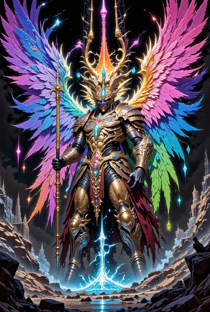 a stocky muscular dark tan-skin man with colourful birds wings, holding a glowing crystal spear in one hand and glowing crystal armor shield on the other hand, concept art, Brian Despain, Artstation contest winner, asianfuturism, massive muscle mankind, angelic crystal armor, archangel, divinity detailed, olympian god, god of the lights, egyptian god, colourful feathers, best quality, 4k, 8k, highres, masterpiece:1.2, ultra-detailed, realistic, photorealistic, photo-realistic:1.37, HDR, UHD, studio lighting, ultra-fine painting, sharp focus, physically-based rendering, extreme detail description, professional, vivid colors, bokeh