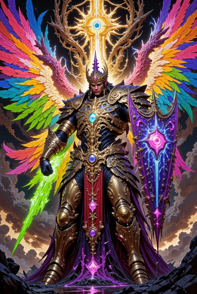 a stocky muscular dark tan-skin man with colourful birds wings, holding a glowing crystal spear in one hand and glowing crystal armor shield on the other hand, concept art, Brian Despain, Artstation contest winner, asianfuturism, massive muscle mankind, angelic crystal armor, archangel, divinity detailed, olympian god, god of the lights, egyptian god, colourful feathers, best quality, 4k, 8k, highres, masterpiece:1.2, ultra-detailed, realistic, photorealistic, photo-realistic:1.37, HDR, UHD, studio lighting, ultra-fine painting, sharp focus, physically-based rendering, extreme detail description, professional, vivid colors, bokeh